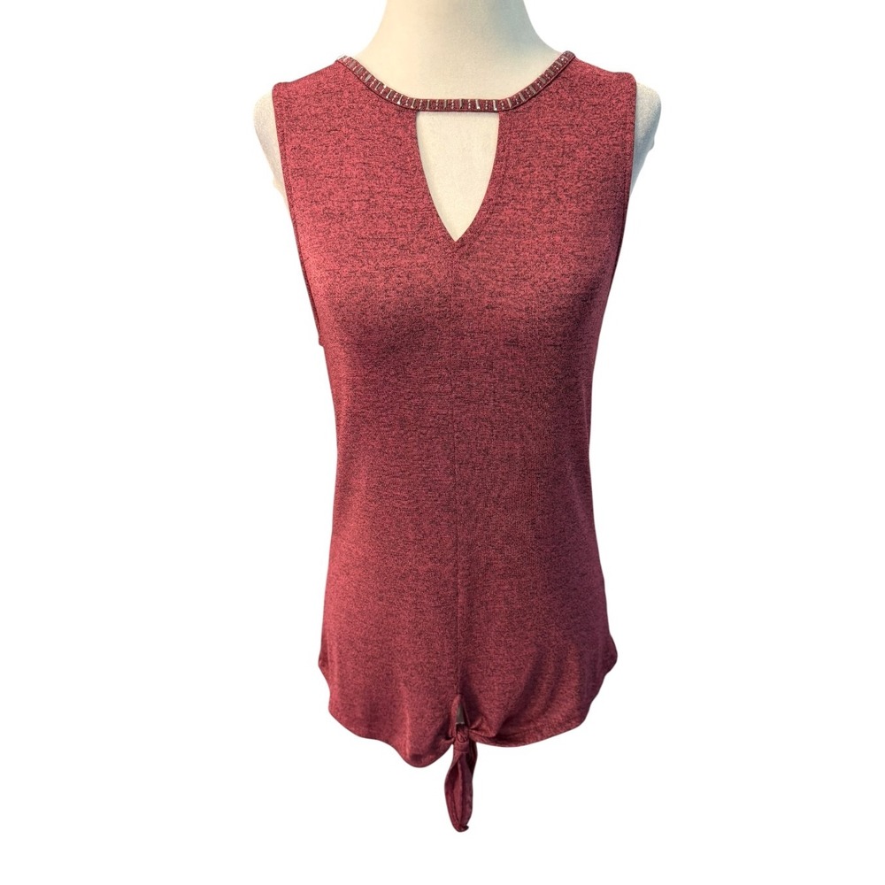 Jennifer Lopez Womens XS Burgundy Heathered Beaded Keyhole Tie Front Knit Top